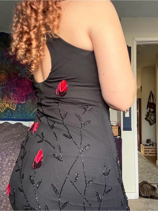 Cache Dresses & Skirts - Homecoming Prom Cache Black Backless Dress with Red Floral Appliqués